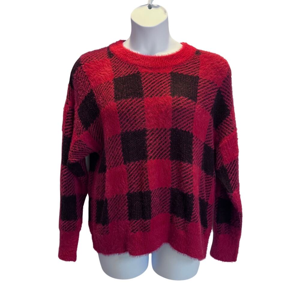 Buffalo Plaid Fuzzy Sweater XL Red Black Crewneck Eyelash Knit Grunge 90s Cozy